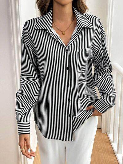 Cutout Bow Back Striped Collared Neck Long Sleeve Shirt - Selvanelle