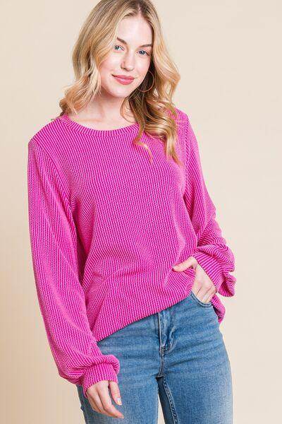 BOMBOM Long Sleeve Curved Hem Ribbed T-Shirt for Women - Selvanelle