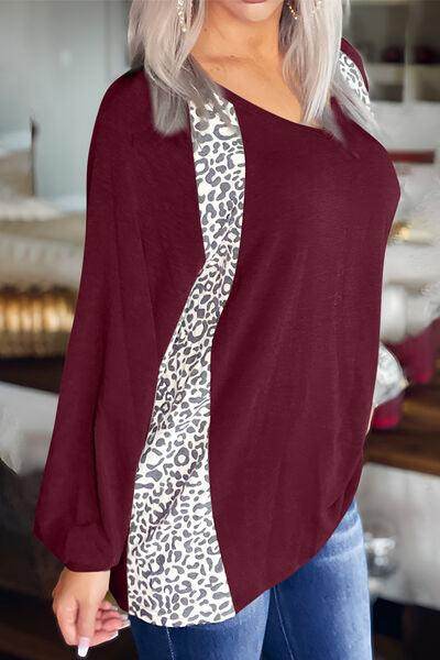 Full Size Leopard V-Neck Long Sleeve T-Shirt for Women - Selvanelle
