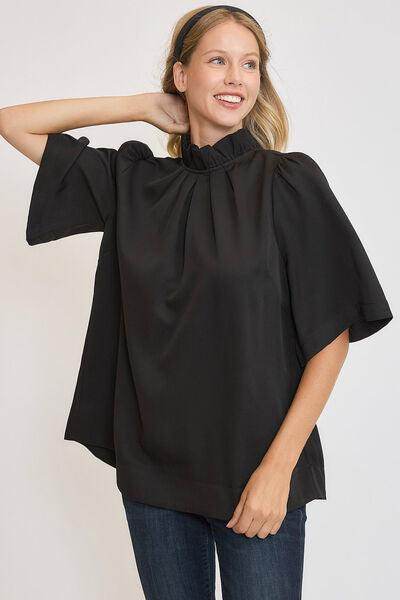 Umgee Bow Tie Back Mock Neck Half Sleeve Blouse for Women - Selvanelle