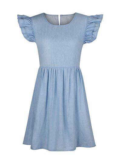Full Size Ruffled Round Neck Cap Sleeve Denim Dress for Women - Selvanelle