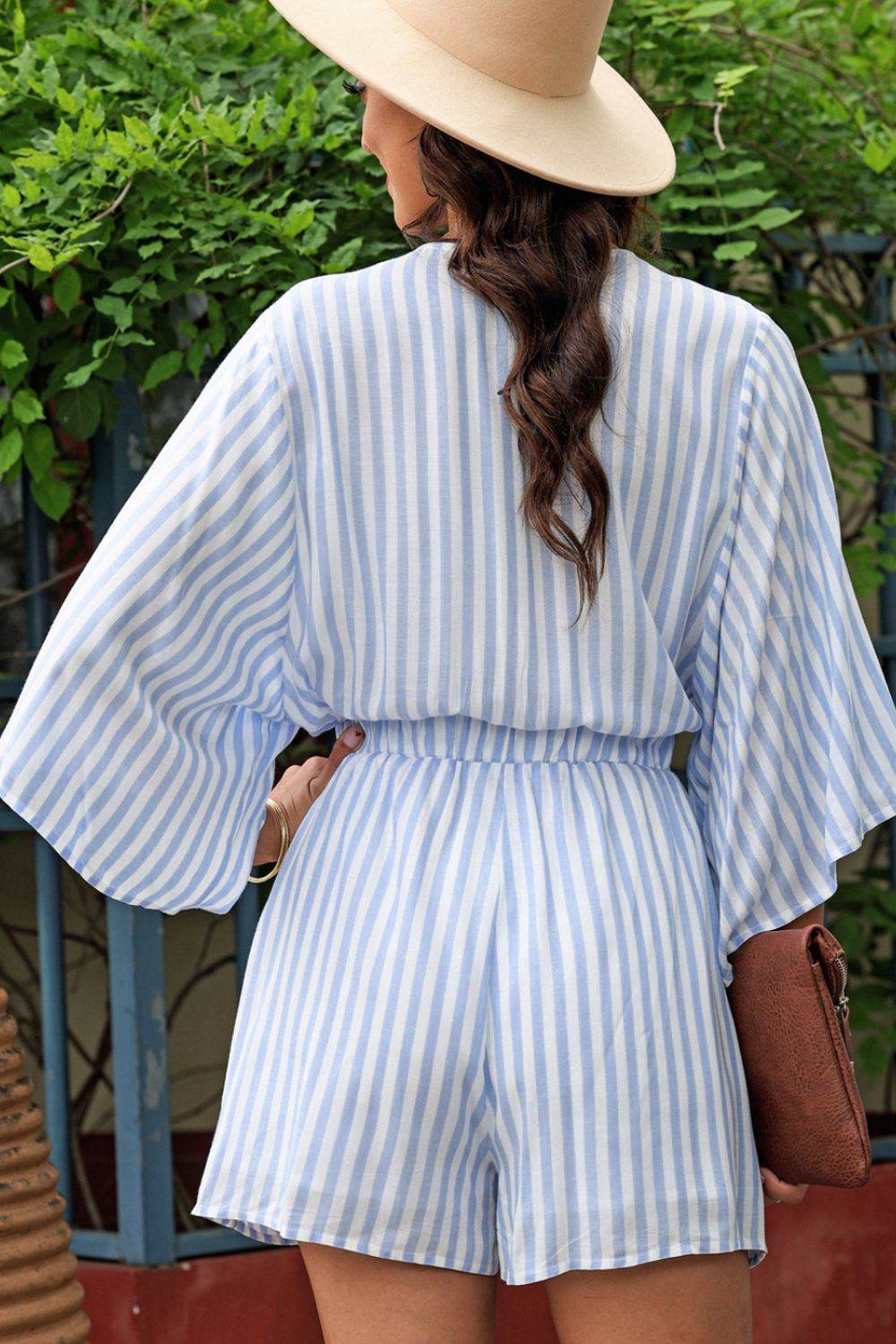 Bow Striped Kimono Sleeve Romper - Selvanelle