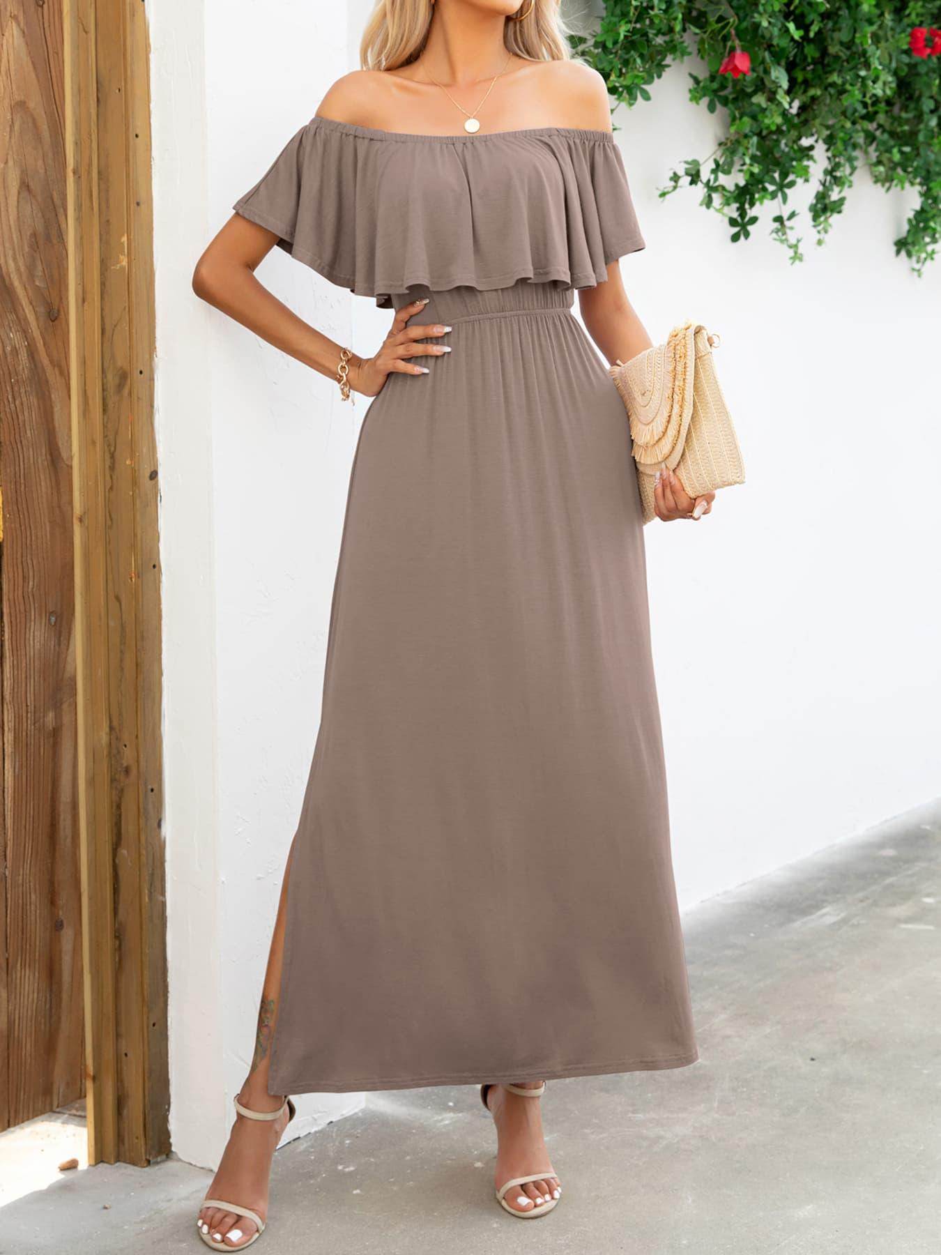 Off-Shoulder Slit Maxi Dress for Elegant Summer Style - Selvanelle
