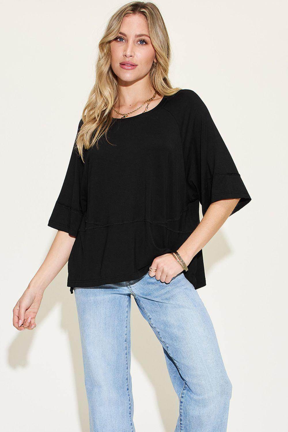 Basic Bae Full Size Bamboo Round Neck Exposed Seam T-Shirt - Selvanelle