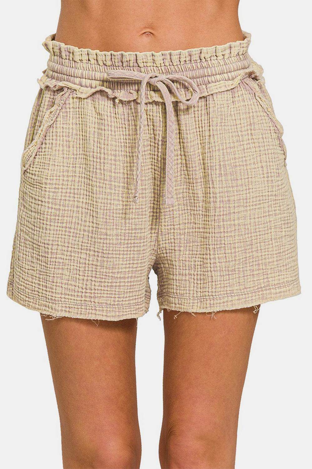 Zenana Washed Frayed Hem Drawstring Shorts for Summer Style - Selvanelle
