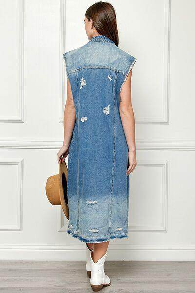 Veveret Full Size Distressed Sleeveless Longline Denim Jacket - Selvanelle