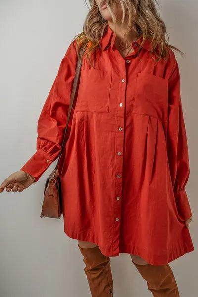 Pocketed Button Down Long Sleeve Shirt Dress for Women - Selvanelle
