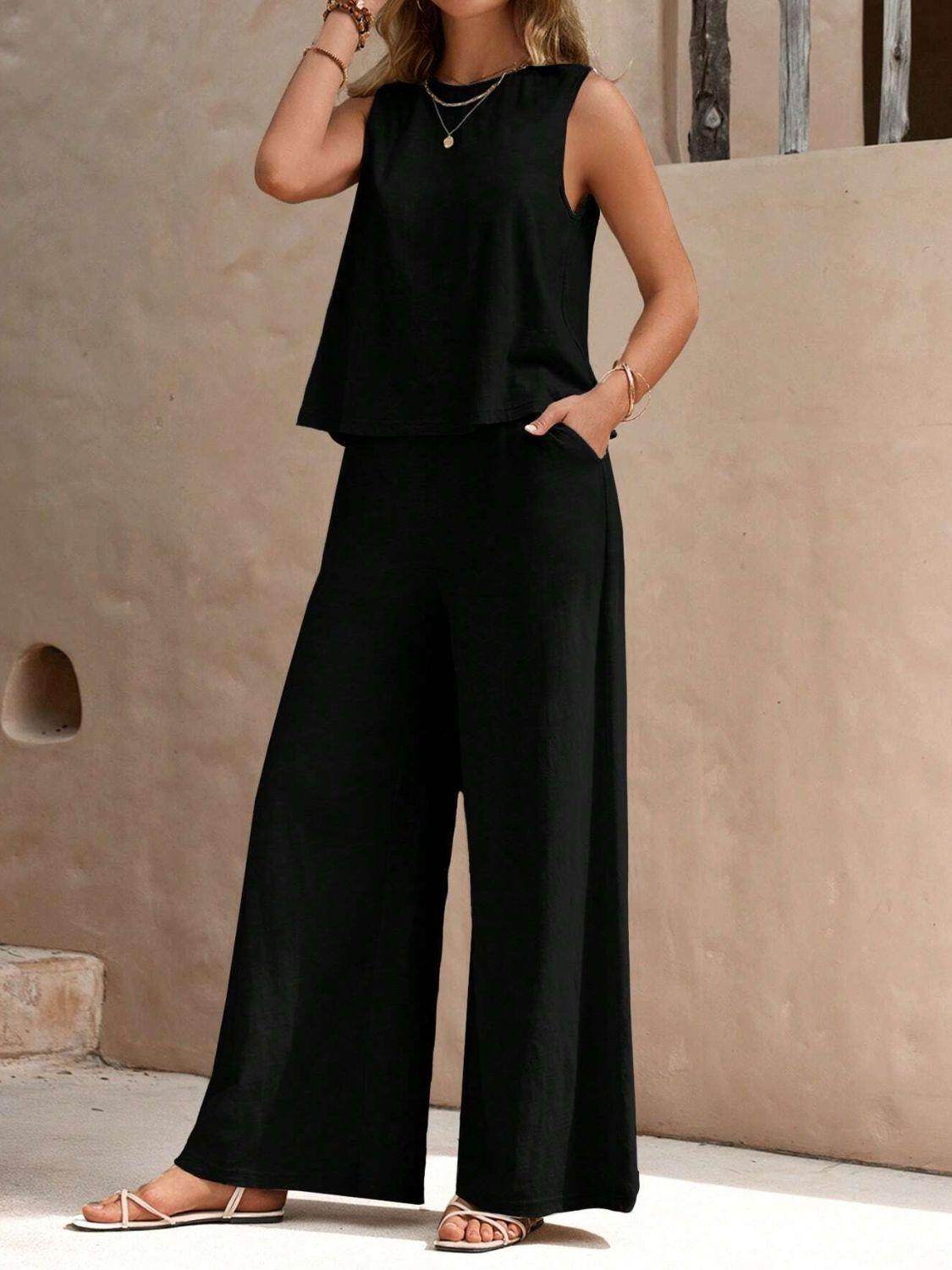 Stylish Round Neck Sleeveless Top and Wide Leg Pants Set - Selvanelle