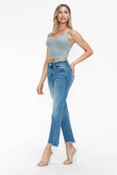 bytos Raw Hem Distressed Mid Rise Crop Jeans for Women - Selvanelle