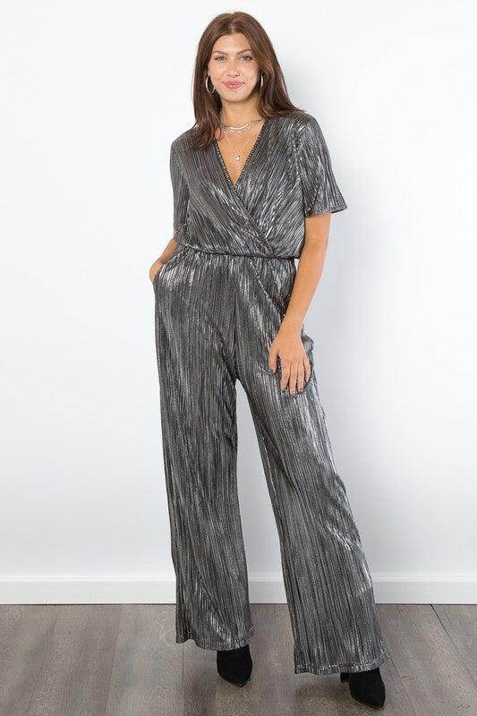 Be Stage Surplice Short Sleeve Pleated Foil Jumpsuit Stylish - Selvanelle