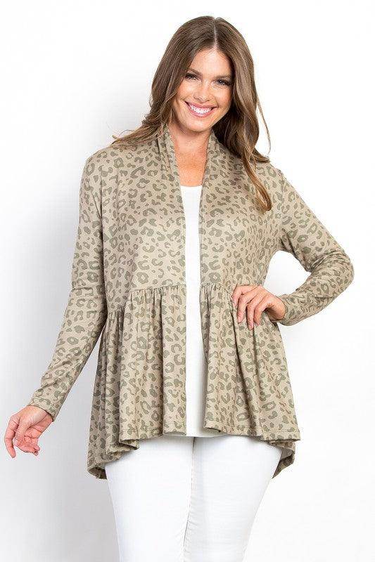 Be Stage Full Size Peplum Leopard Cardigan for Women - Selvanelle