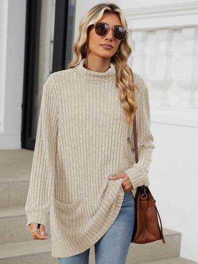 Ribbed Mock Neck Long Sleeve T-Shirt for Women Stylish Wear - Selvanelle