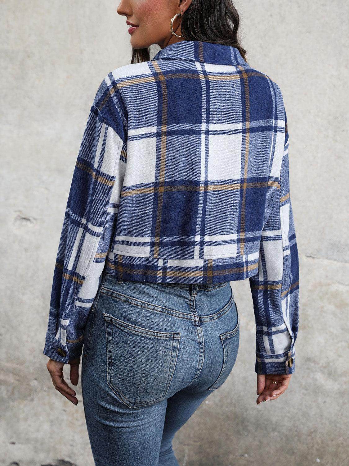 Perfee Plaid Button Up Drop Shoulder Cropped Jacket for Women - Selvanelle