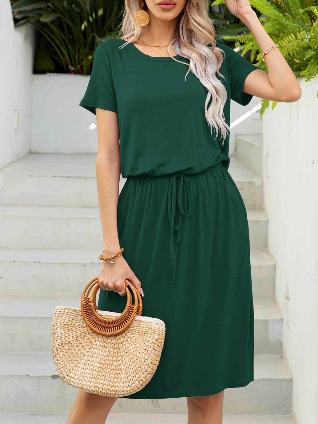 Round Neck Short Sleeve Slit Dress with Pockets for Women - Selvanelle