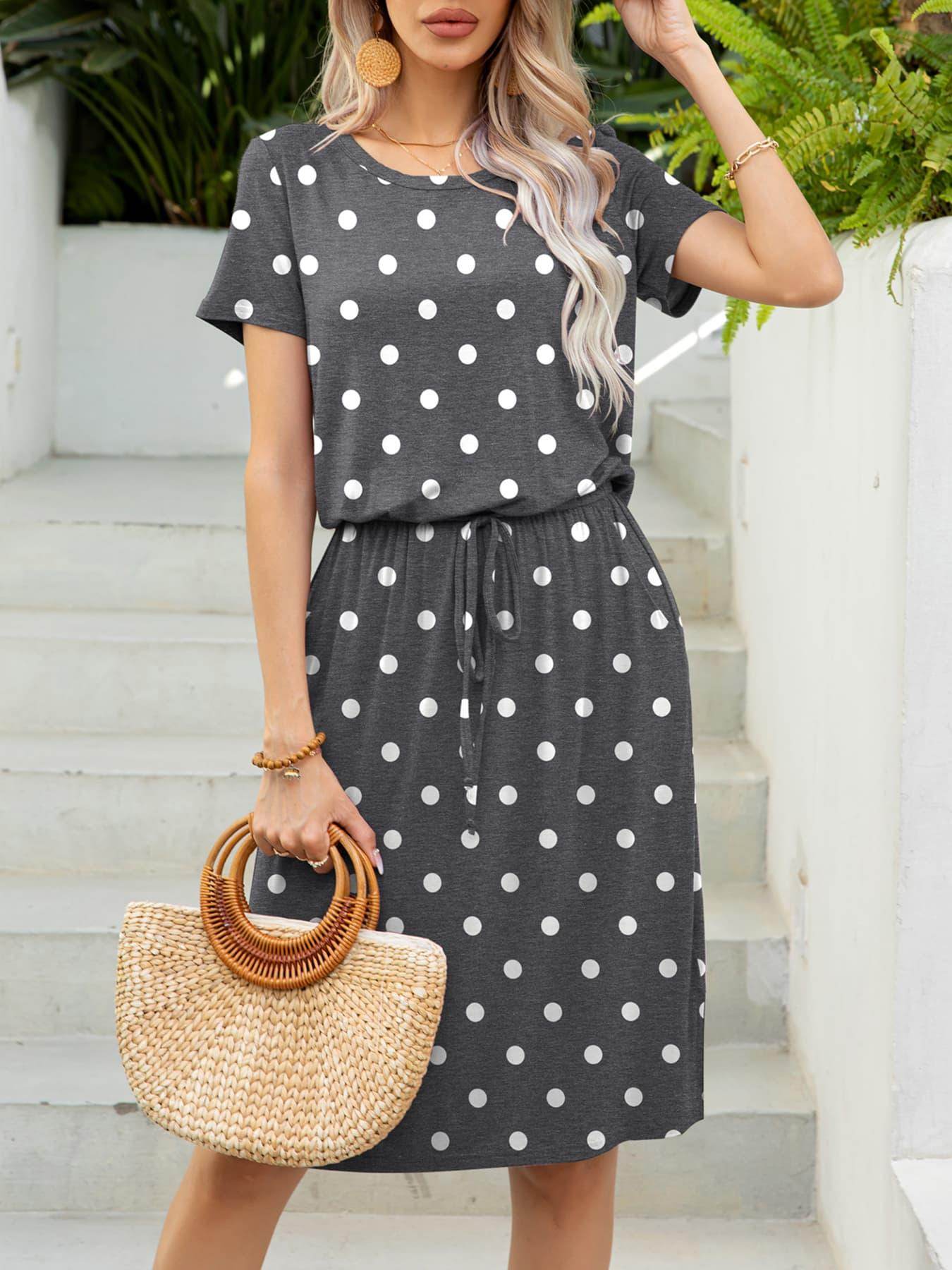 Round Neck Short Sleeve Slit Dress with Pockets for Women - Selvanelle