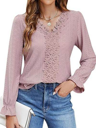 Lace Detail Eyelet V-Neck Flounce Sleeve Blouse for Women - Selvanelle