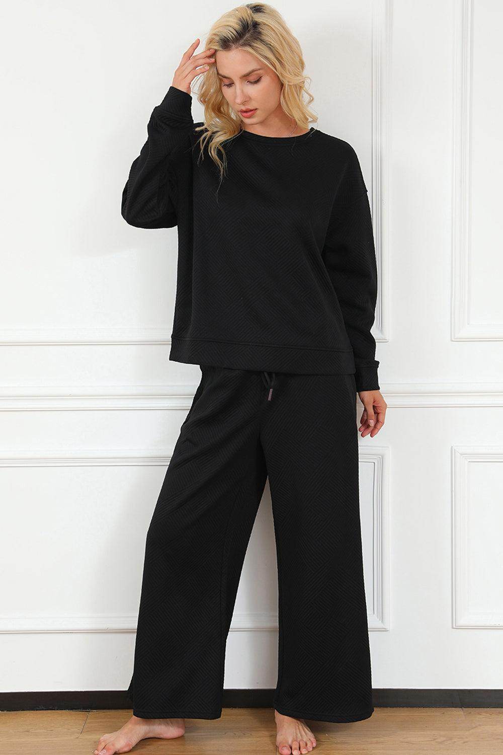 Double Take Full Size Textured Long Sleeve Top and Drawstring Pants Set for Women - Selvanelle