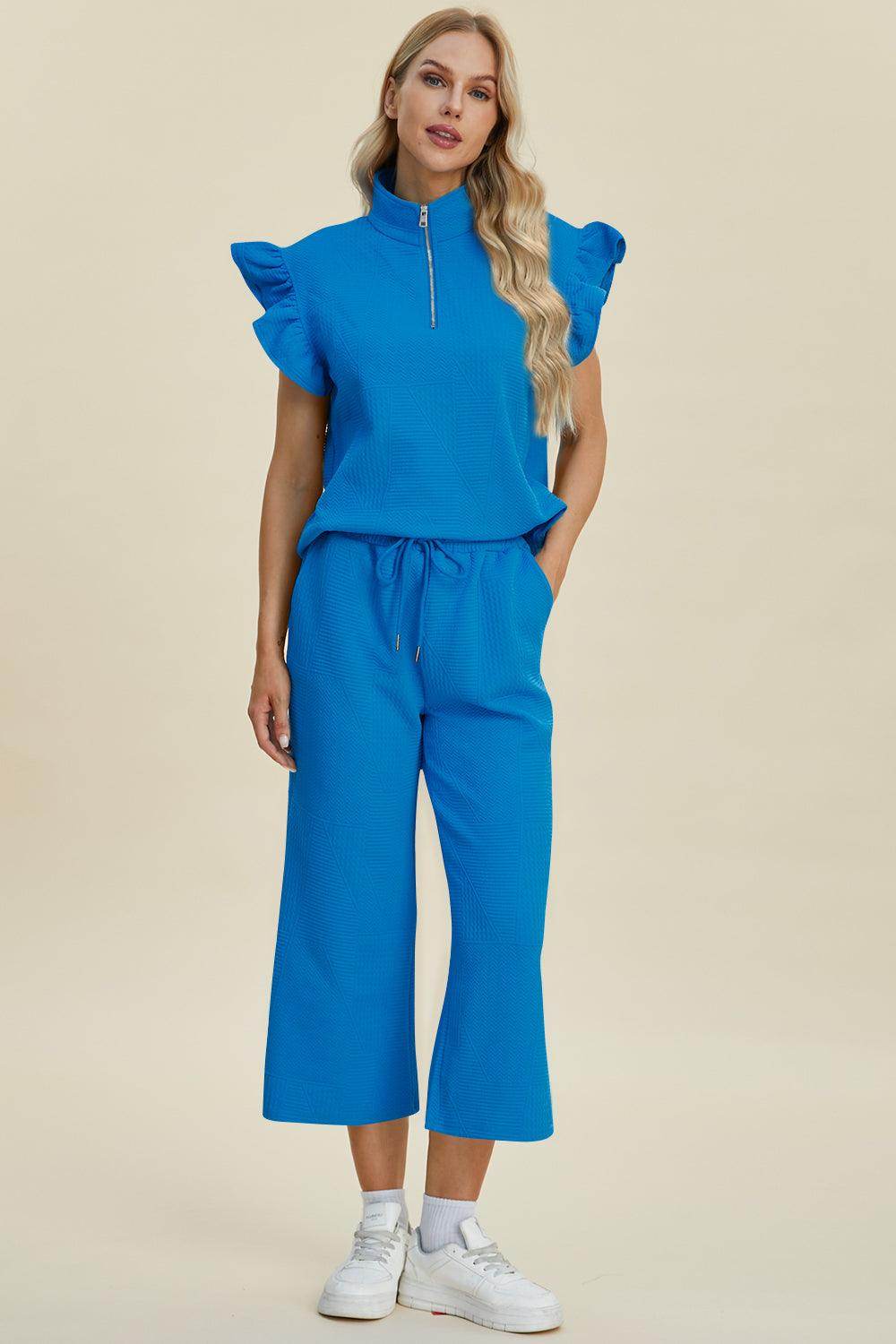 Double Take Full Size Texture Ruffle Top and Pants Set - Selvanelle