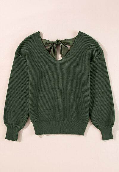 Tied Back V-Neck Long Sleeve Sweater for Women Fashion - Selvanelle