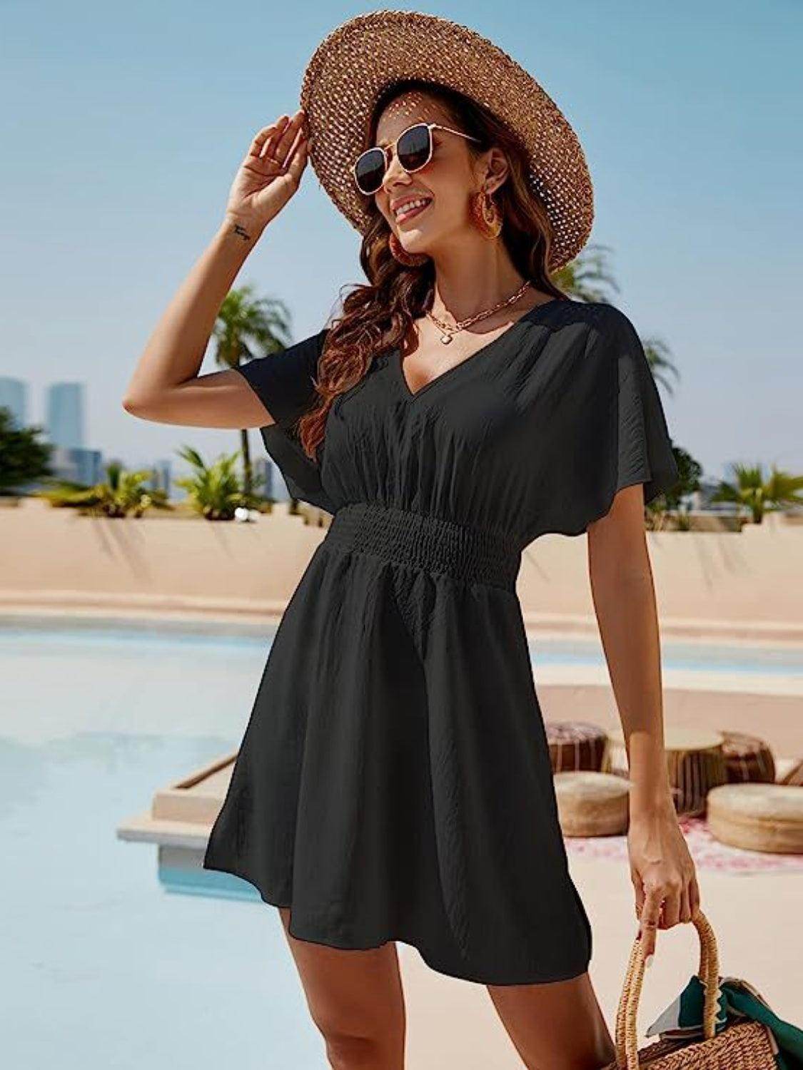 Smocked V-Neck Short Sleeve Dress for Effortless Style - Selvanelle