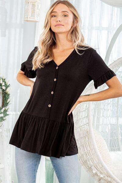 Heimish Full Size Ruffled V-Neck Short Sleeve Blouse Plus Size - Selvanelle