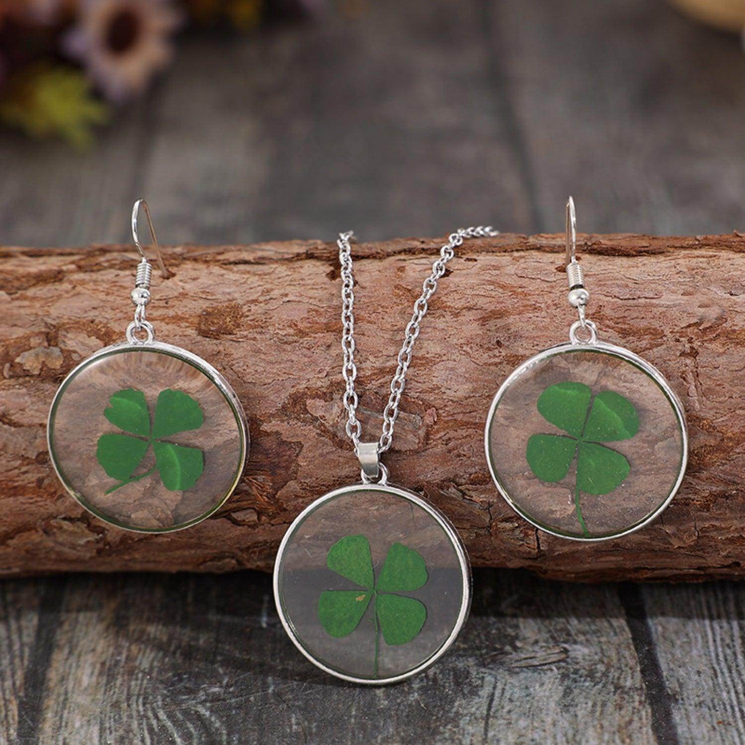 Lucky Clover Alloy Acrylic Earrings and Necklace Jewelry Set - Selvanelle