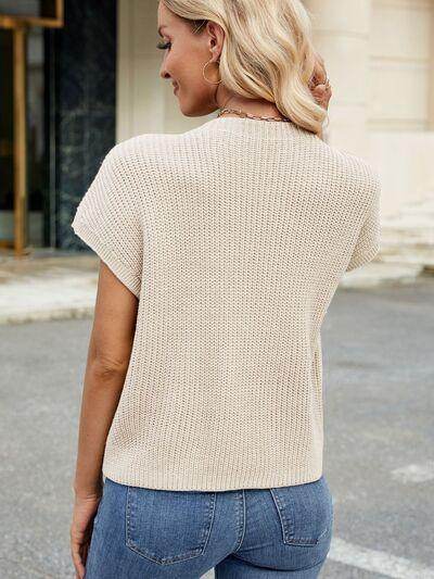 Round Neck Short Sleeve Sweater with Pocketed Stretch - Selvanelle