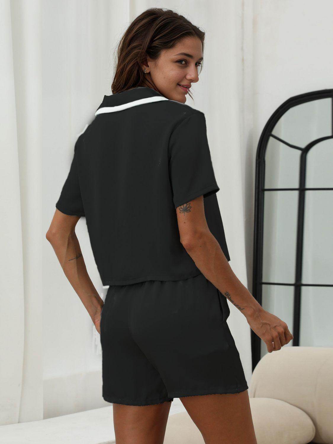 Button Down Short Sleeve Top and Shorts Lounge Set For Women - Selvanelle