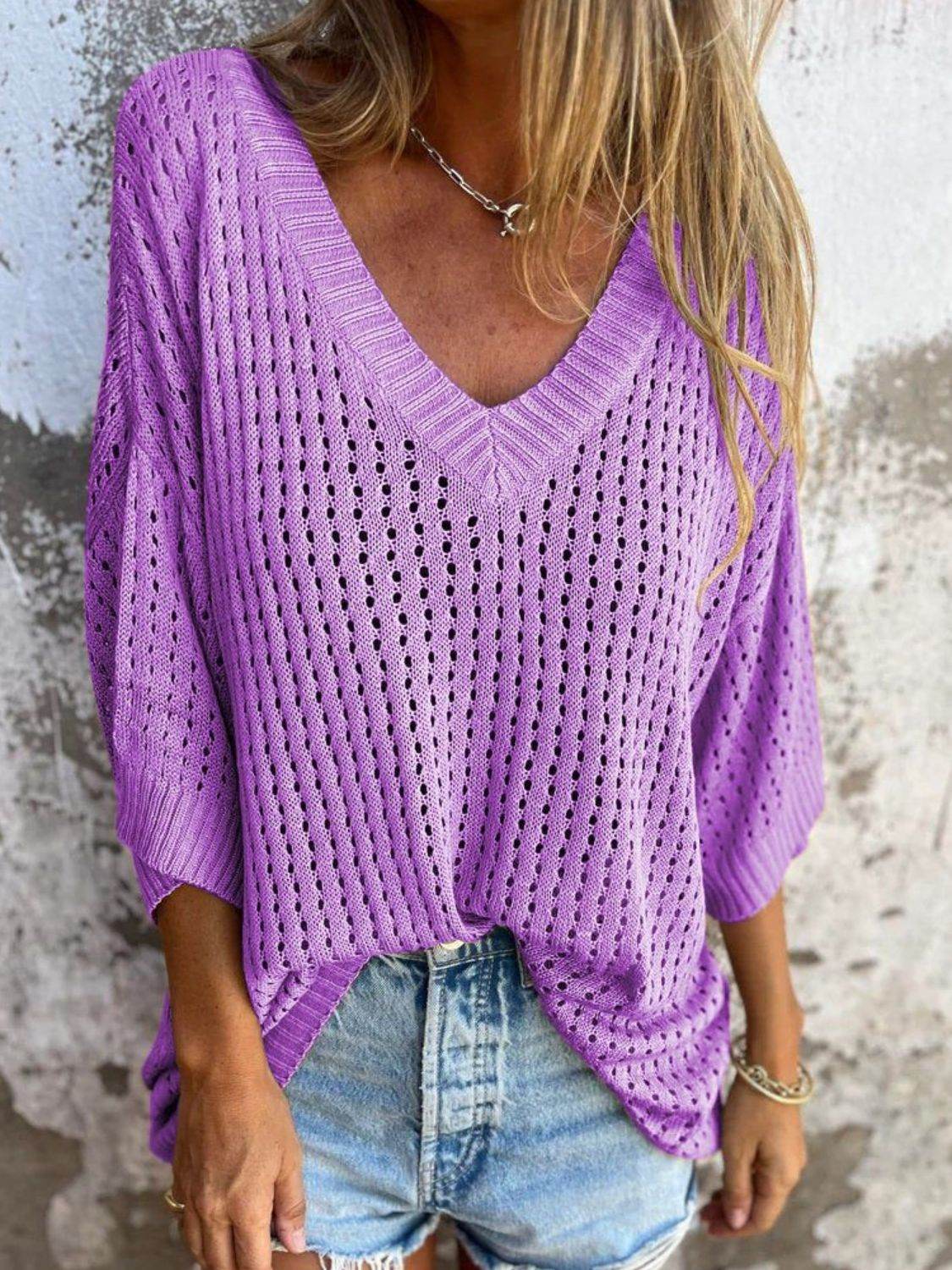 Full Size Openwork V-Neck Knit Cover Up Plus Size - Selvanelle