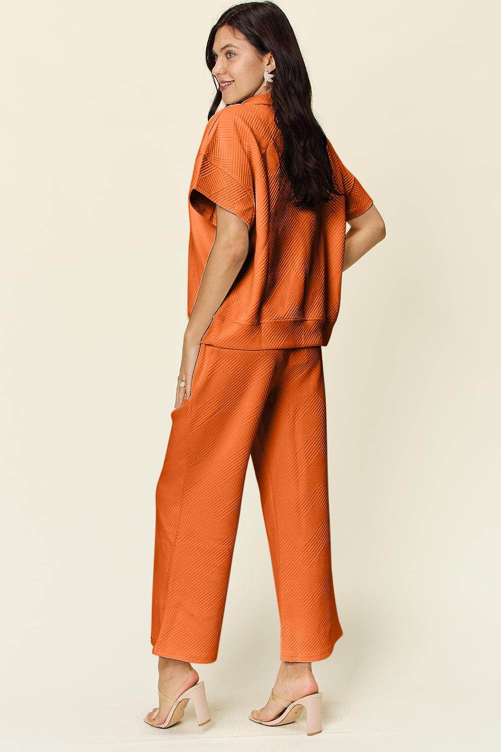 Double Take Full Size Texture Half Zip Short Sleeve Top Set - Selvanelle