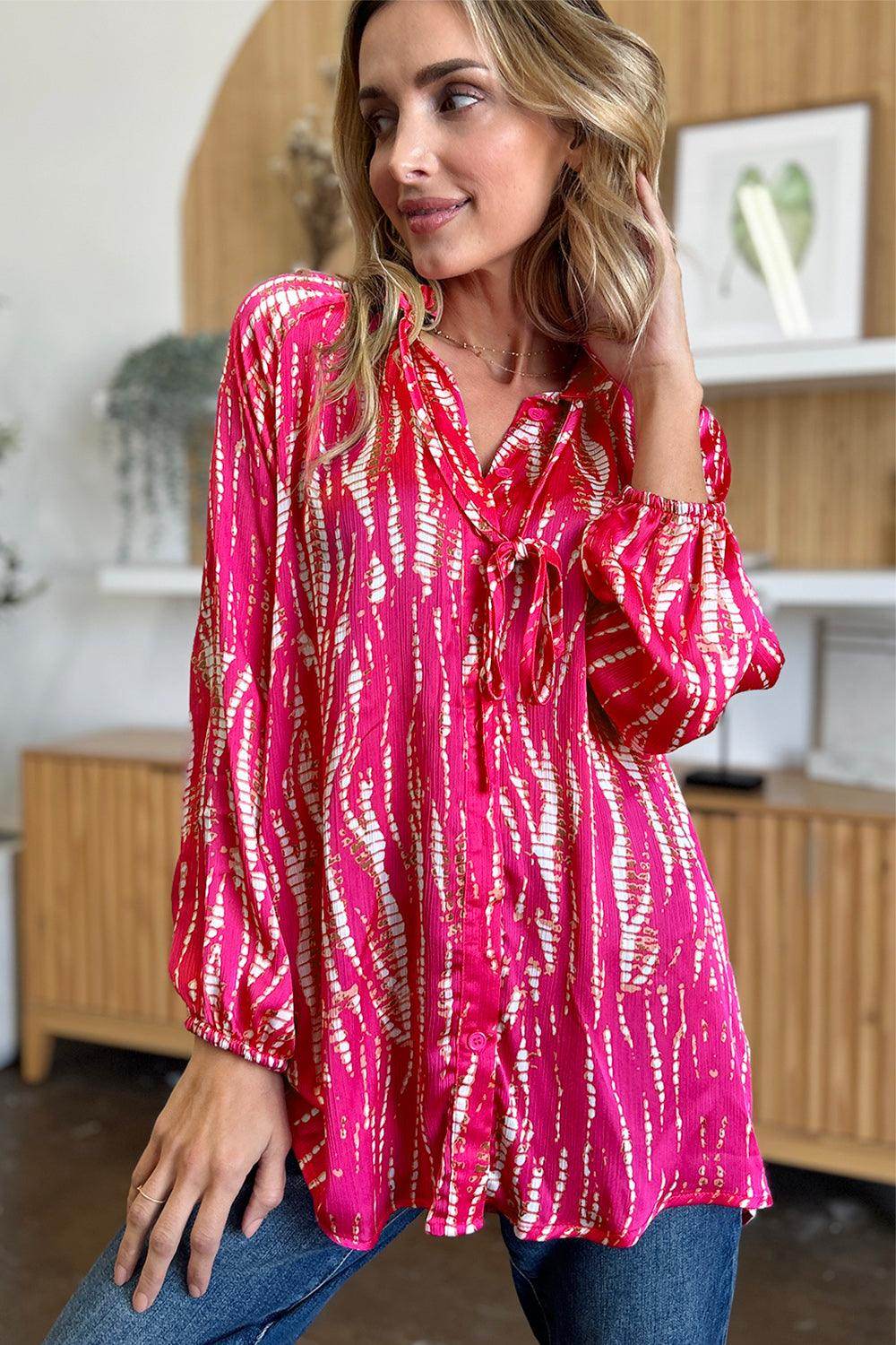 Double Take Full Size Printed Button Up Long Sleeve Shirt - Selvanelle