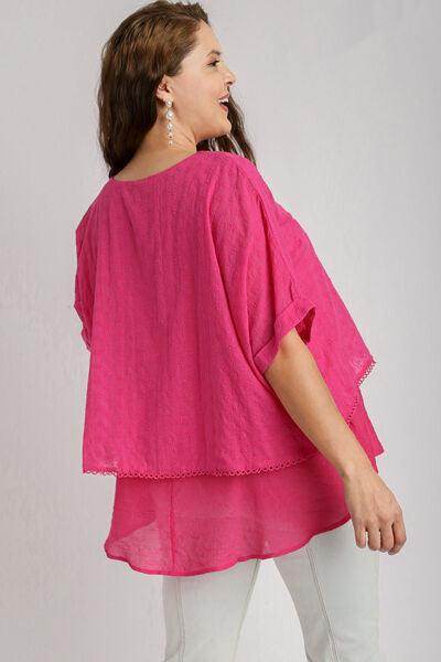 Umgee Full Size Eyelet Layered Short Sleeve Blouse Plus Size - Selvanelle