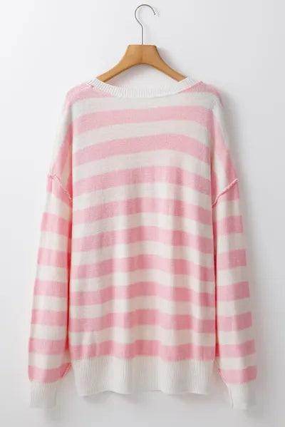 Exposed Seam Striped Round Neck Long Sleeve Sweater for Women - Selvanelle