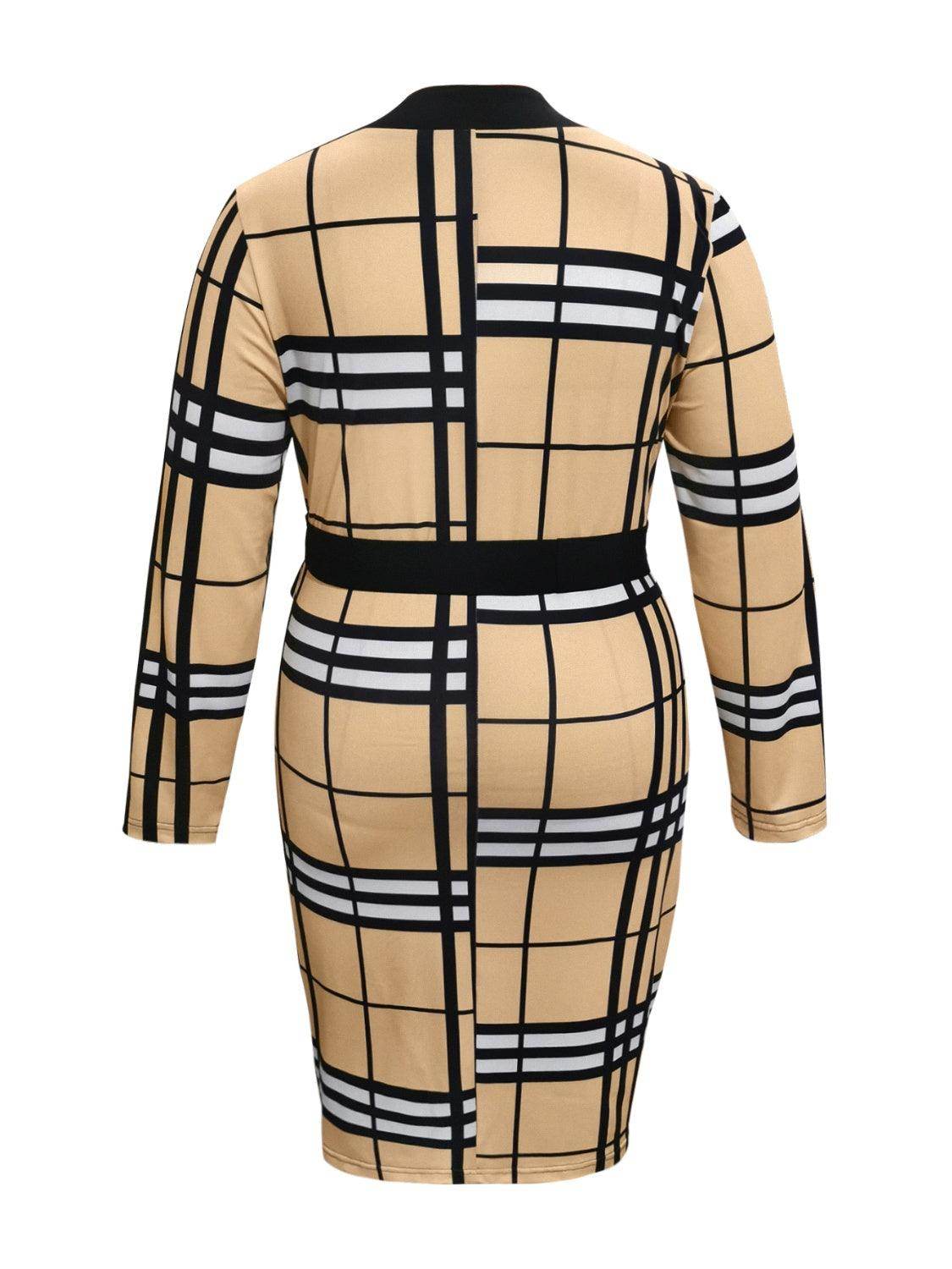 Plus Size Plaid V-Neck Long Sleeve Wrap Dress for Women - Selvanelle