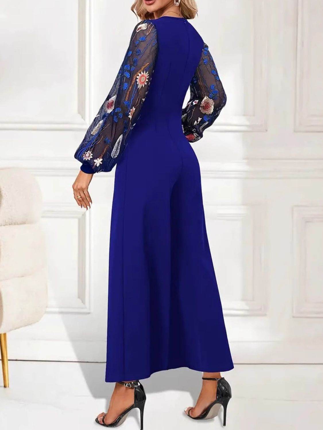 Surplice Embroidered Long Sleeve Wide Leg Jumpsuit - Selvanelle