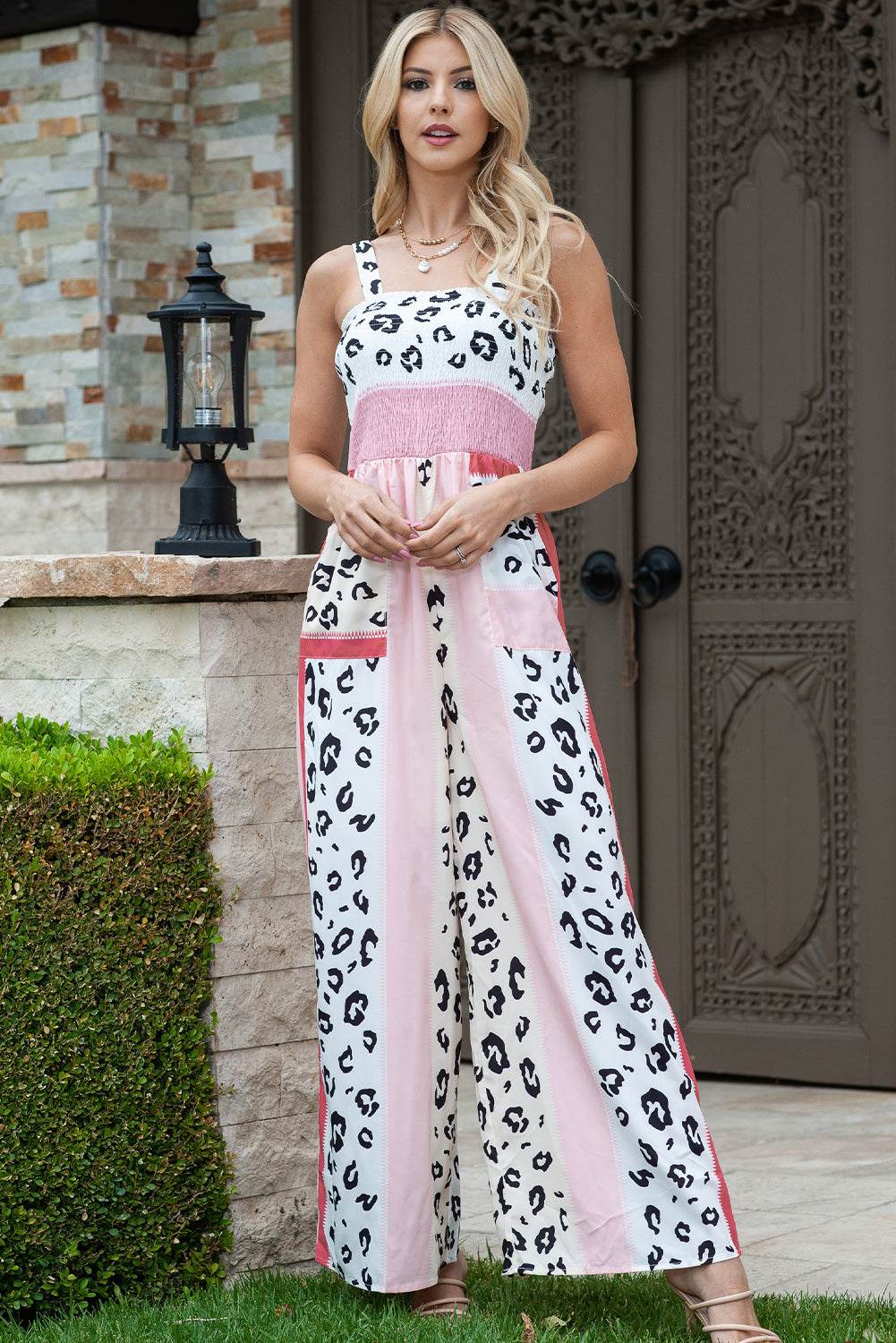 Leopard Color Block Smocked Jumpsuit - Selvanelle