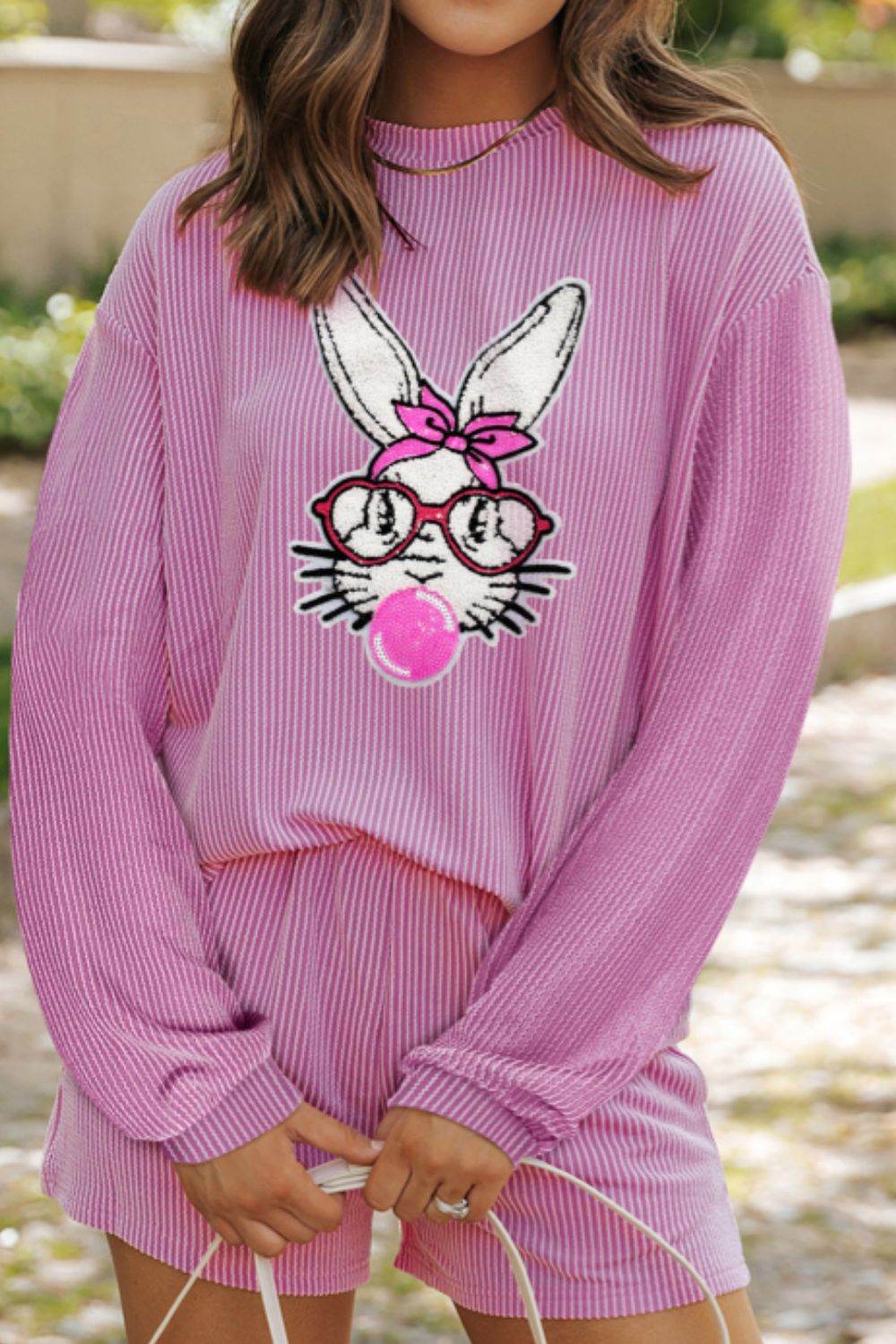 Bubble Gum Rabbit Sequin Corded Rib Top and Shorts Set - Selvanelle