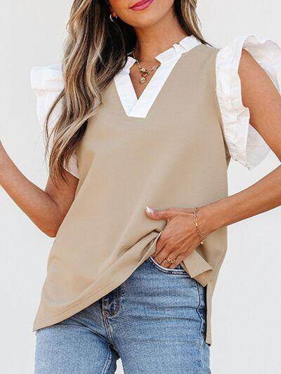 Ruffled Notched Cap Sleeve Top for Women in Various Sizes - Selvanelle