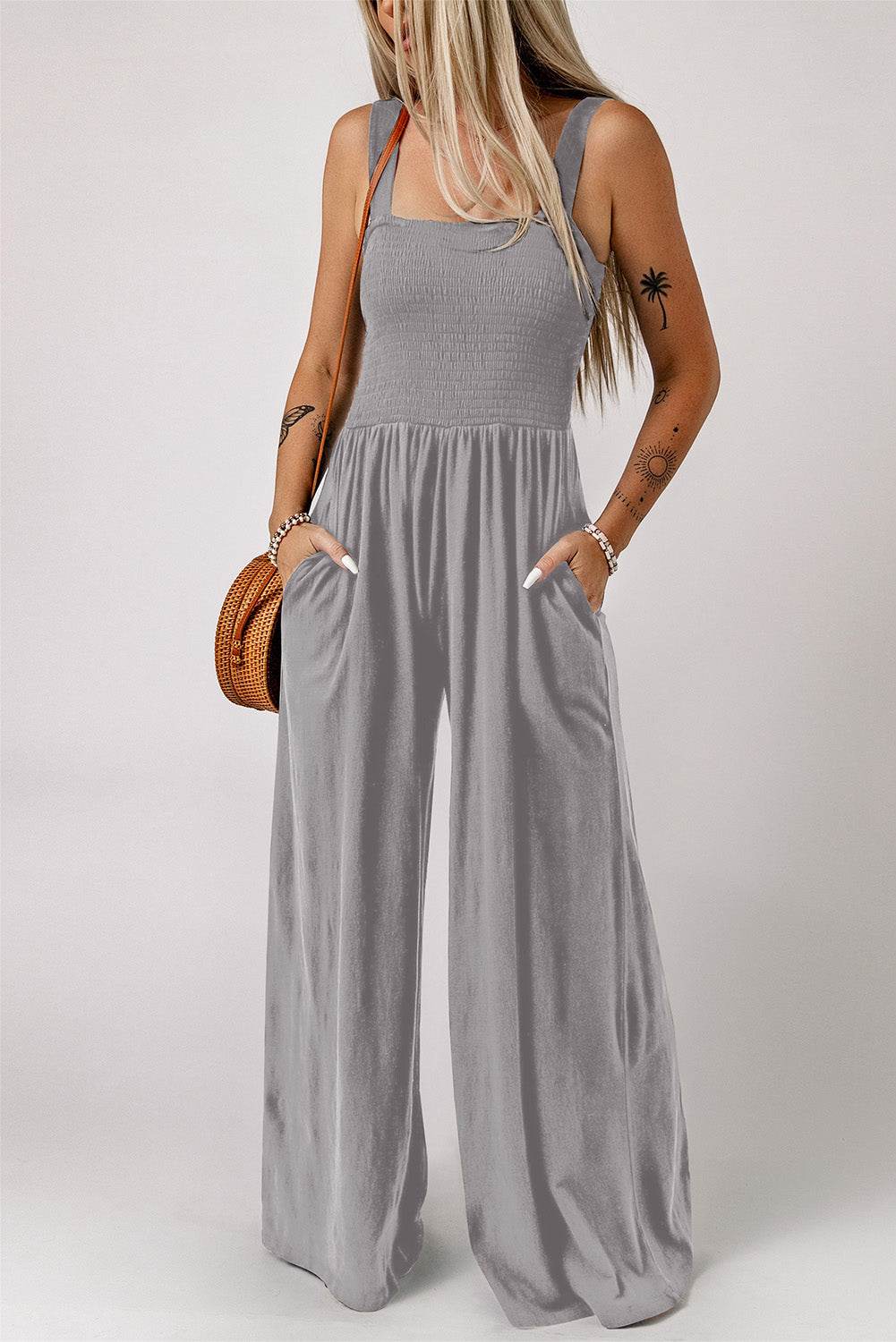 Smocked Square Neck Wide Leg Jumpsuit with Pockets - Selvanelle