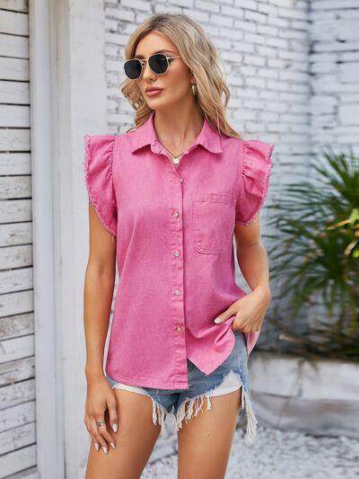 Ruffled Pocketed Collared Neck Cap Sleeve Denim Top for Women - Selvanelle