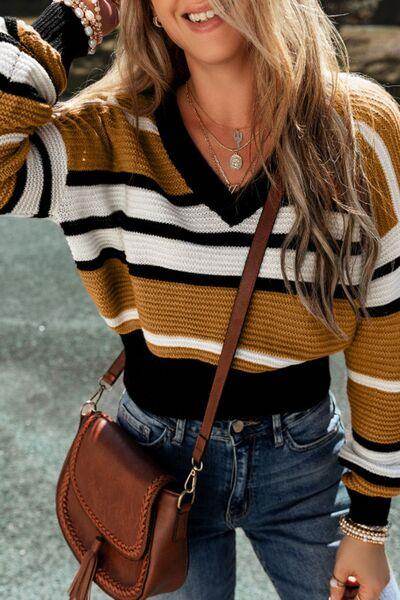 Contrast Stripes V Neck Long Sleeve Sweater for Women - Selvanelle