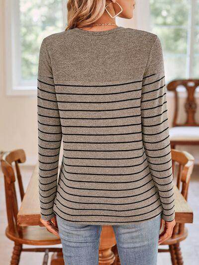 Lovelet Quarter Button Striped Round Neck Long Sleeve T-Shirt - Selvanelle