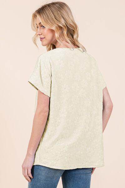 BOMBOM Textured Floral Pattern Short Sleeve T-Shirt for Women - Selvanelle