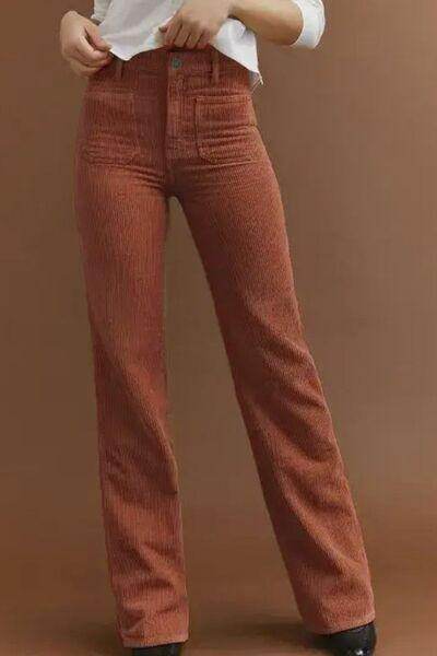 High Waist Square Pockets Corduroy Pants for Women - Selvanelle