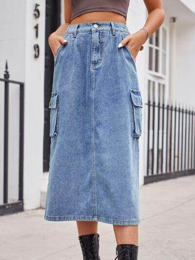 Slit Buttoned Denim Skirt with Pockets for Women - Selvanelle