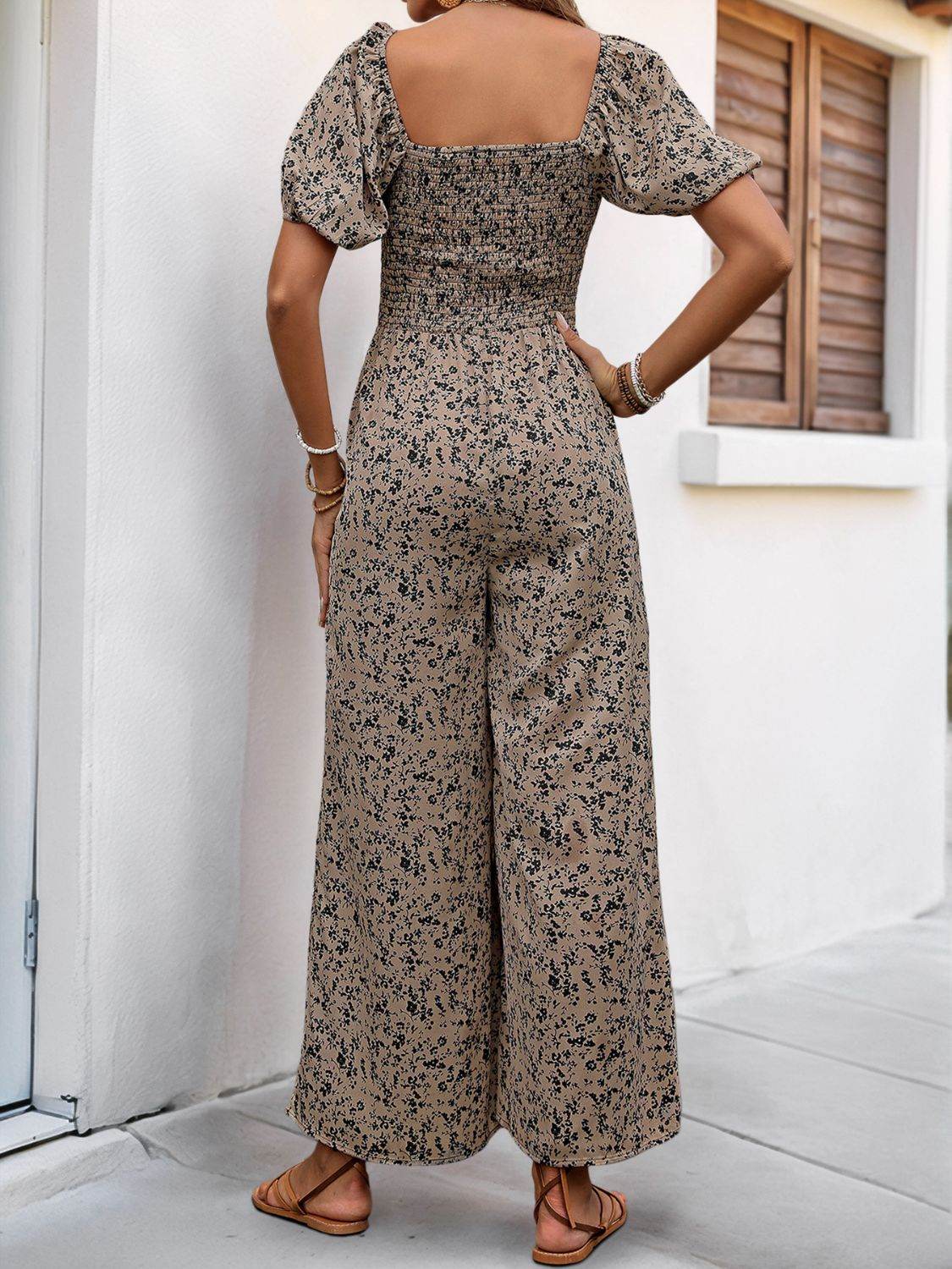 Perfee Smocked Printed Square Neck Puff Sleeve Jumpsuit - Selvanelle