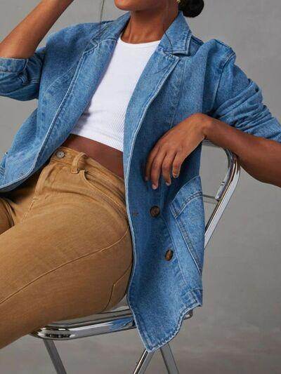 Pocketed Lapel Collar Long Sleeve Denim Jacket for Women - Selvanelle