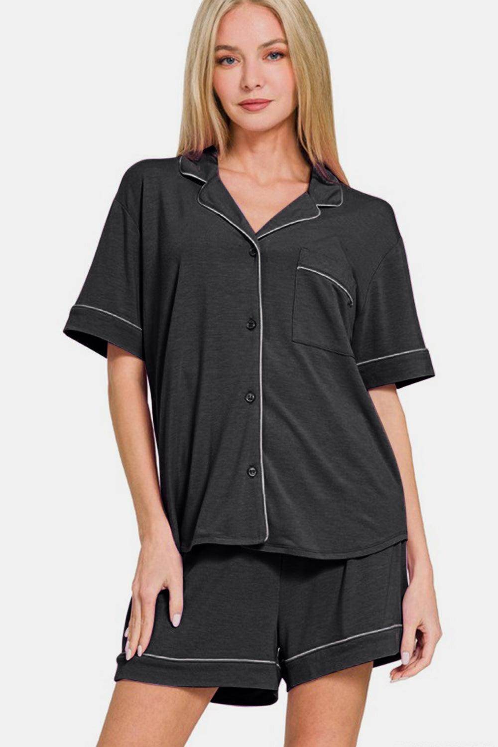 Zenana Button Down Short Sleeve Top and Shorts Lounge Set - Selvanelle