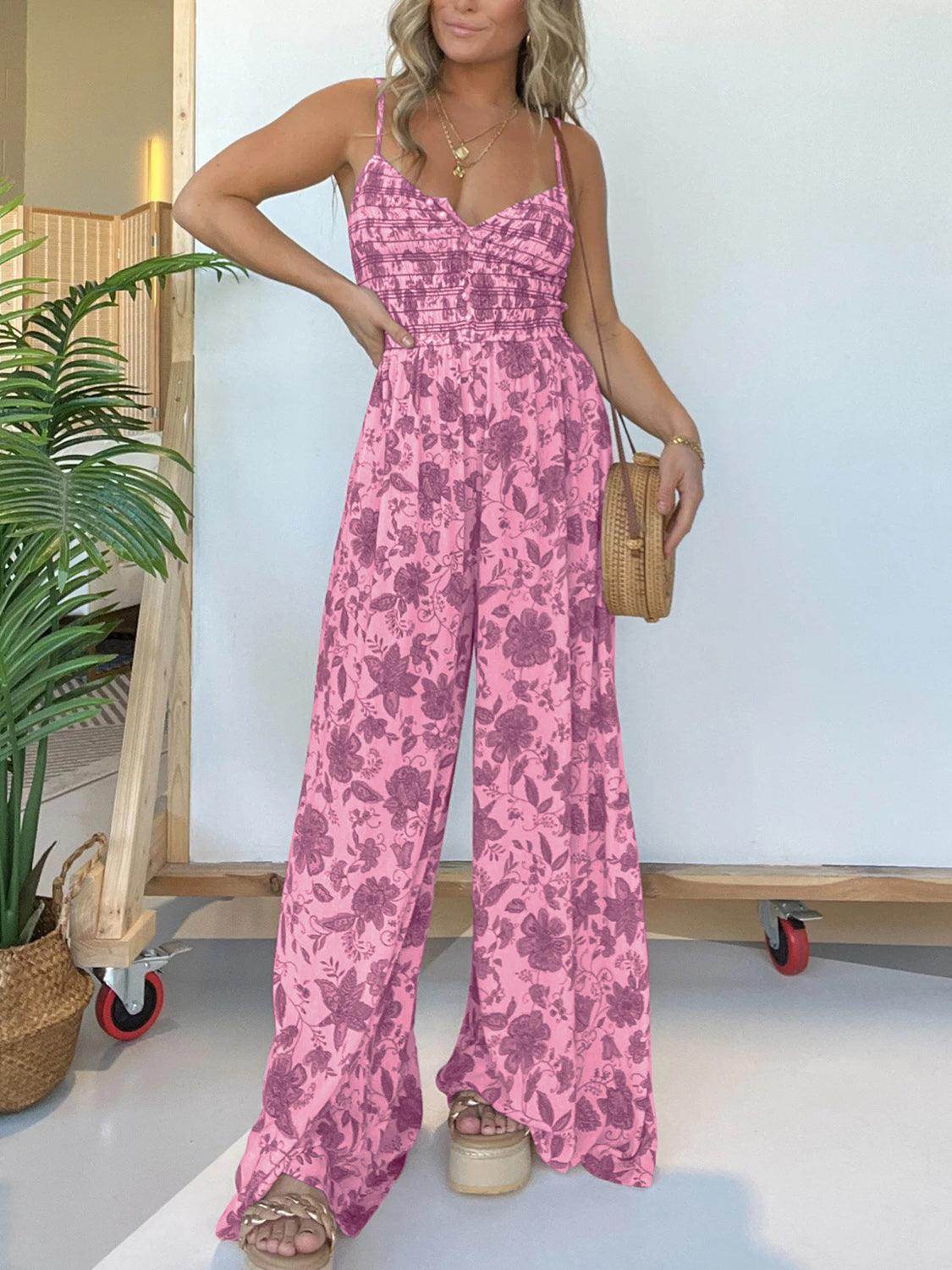 Full Size Printed Spaghetti Strap Wide Leg Jumpsuit for Women - Selvanelle