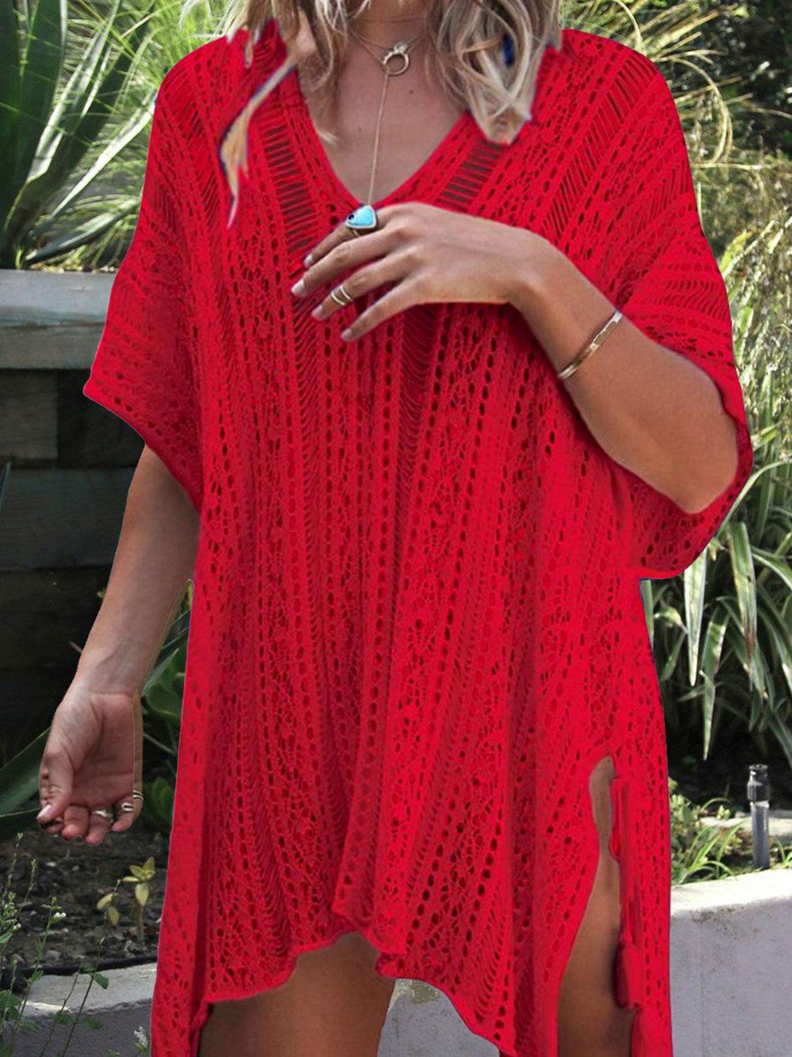 Angel Wings Cutout V-Neck Cover-Up with Tassel - Selvanelle